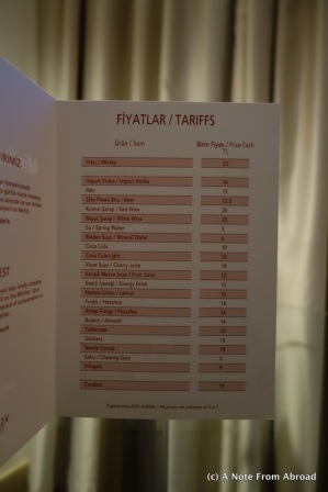 Mini bar menu. Note last item on the list, and yes they were inside the refrigerator.